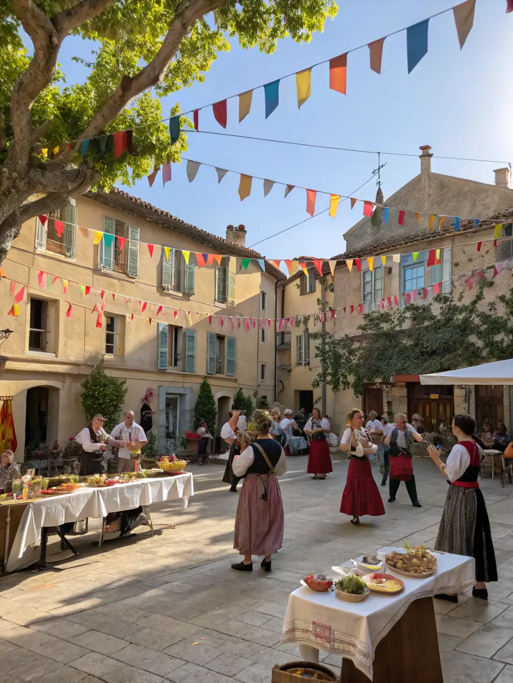 A picture of a community event held at the base of the Tour Saint-Romain, with local residents participating in cultural activities and celebrations.