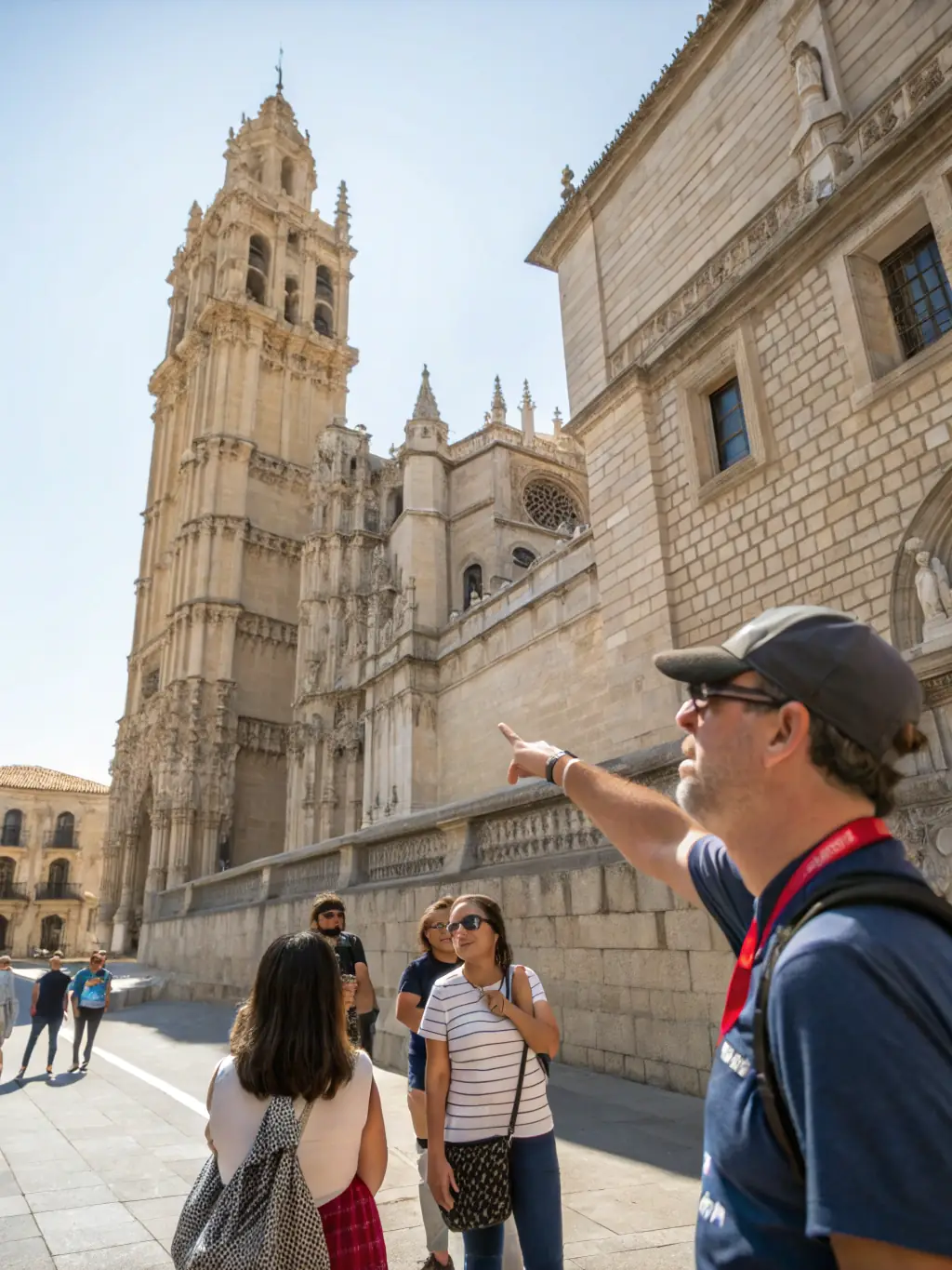An image of a tour guide leading a group of visitors through the Tour Saint-Romain, highlighting key architectural features and sharing historical anecdotes.