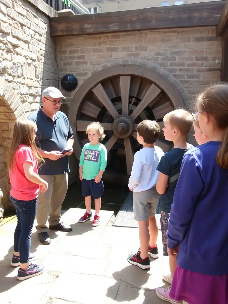 A group of children participating in an educational tour of the Tour Saint-Romain, led by a knowledgeable guide, with interactive learning materials.