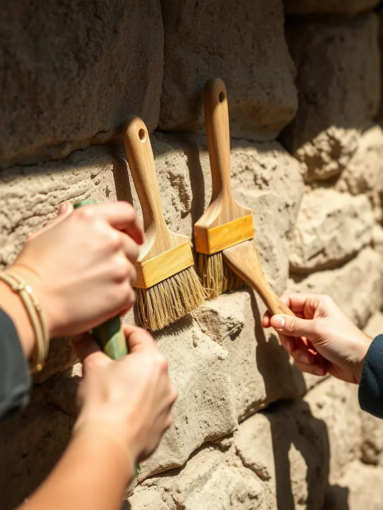 A photograph of volunteers working on the restoration of a section of the Tour Saint-Romain, showcasing the hands-on effort involved in preserving the historical structure.