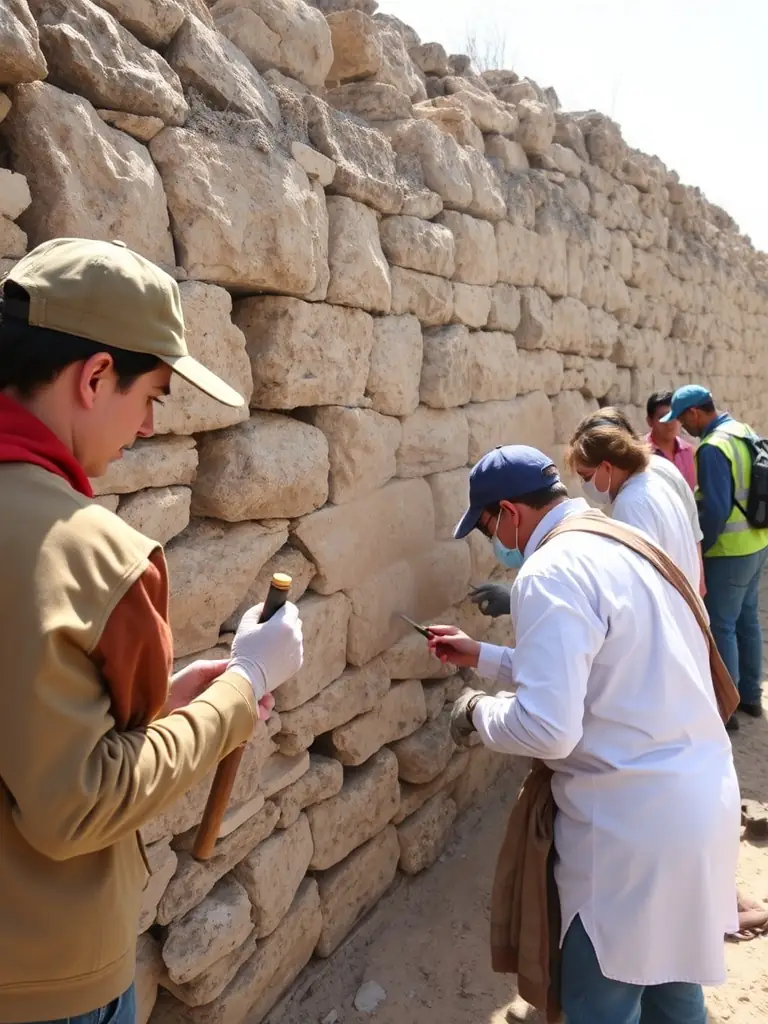 A photograph capturing volunteers working on the restoration of a section of the Tour Saint-Romain, showcasing the hands-on effort involved in preserving the historical site.
